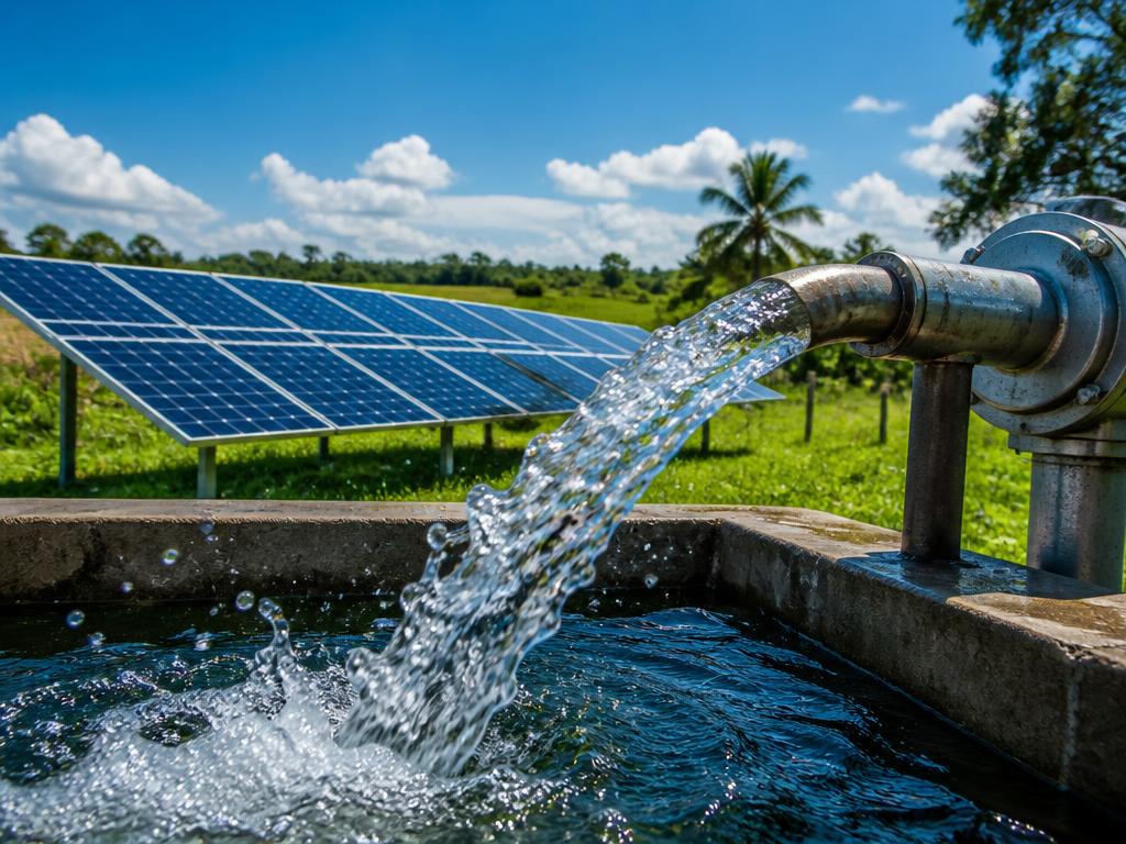 Bomba solar despejando água em reservatório